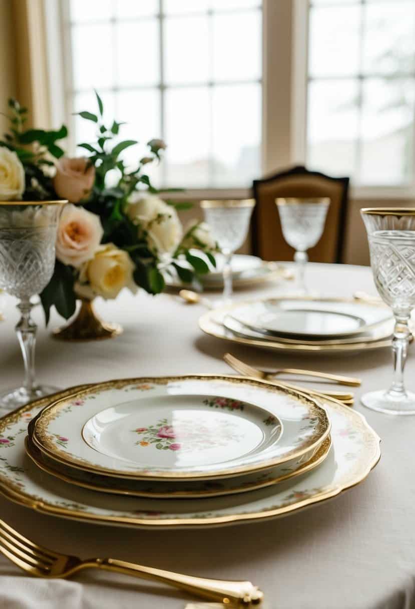 A table adorned with antique china plates, delicate patterns, and elegant gold trim