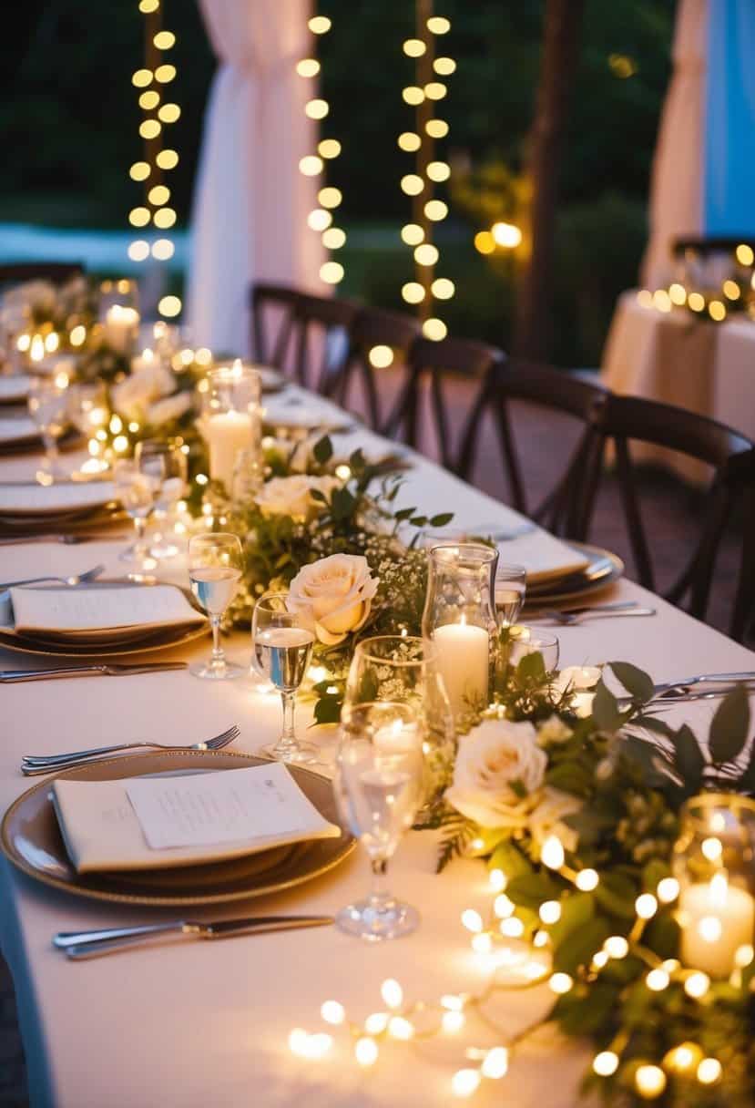 A table adorned with twinkling fairy lights, creating a romantic wedding setting