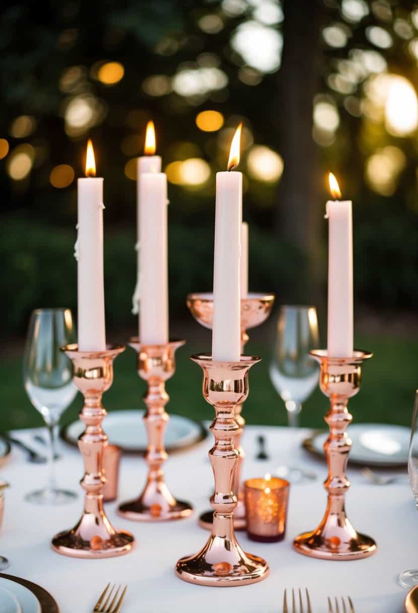 A table set with rose gold candle holders, elegantly arranged for a wedding decoration