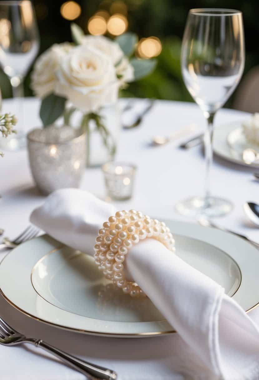 A table set with elegant pearl beaded napkin rings for a wedding decoration