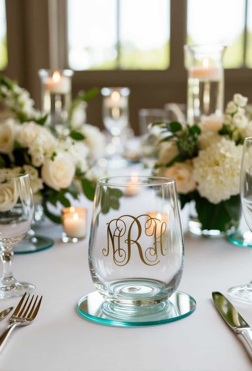 A table set with monogrammed glass coasters, surrounded by elegant wedding decor