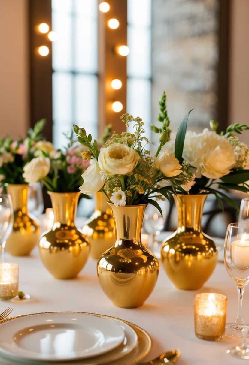 Golden mini vases arranged on a wedding table with fresh flowers and flickering candlelight