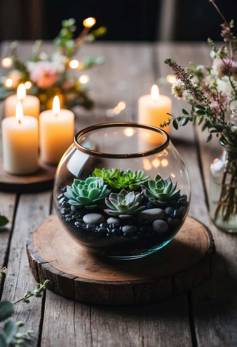 A glass terrarium filled with succulents and small stones sits atop a rustic wooden table, surrounded by flickering candlelight and delicate floral arrangements
