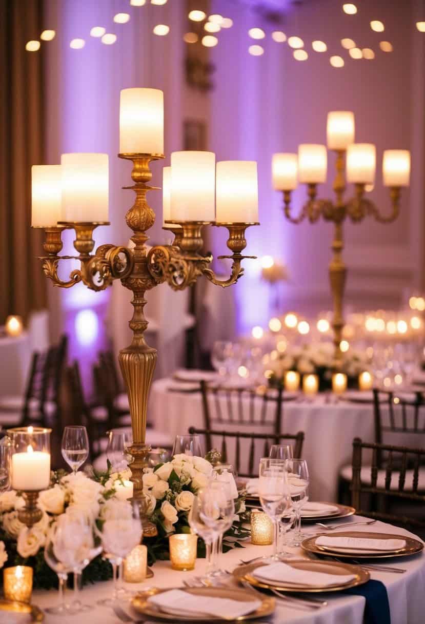 A grand wedding table adorned with vintage candelabras, casting a warm and romantic glow over the elegant setting