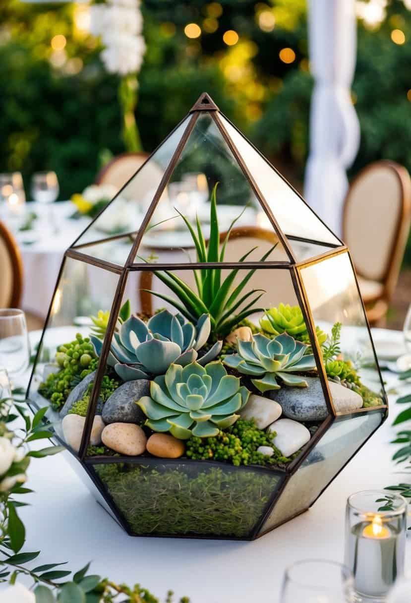 A lush terrarium centerpiece sits on a wedding table, filled with vibrant succulents and decorative stones, creating a statement of natural beauty
