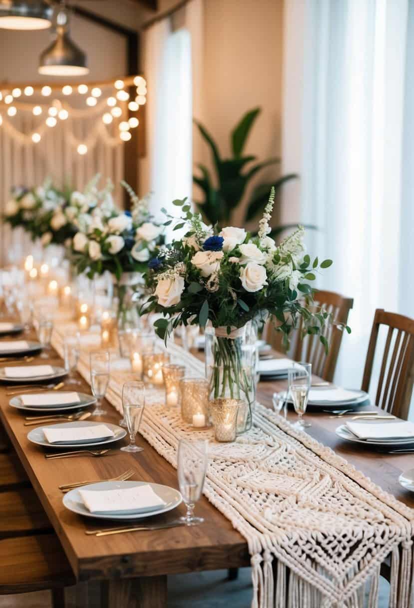 A table adorned with intricate Bohemian macrame runners, creating a statement wedding decoration