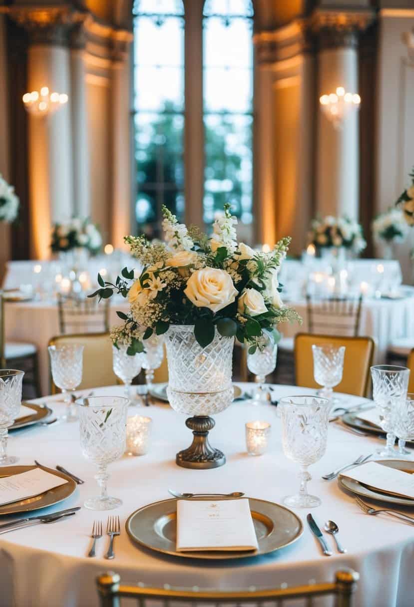 A grand wedding table adorned with antique crystal vases as statement decorations