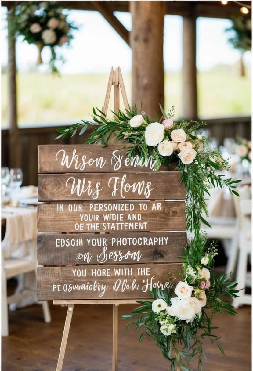 A rustic wooden sign with personalized statement, adorned with flowers and greenery, serves as a charming wedding table decoration