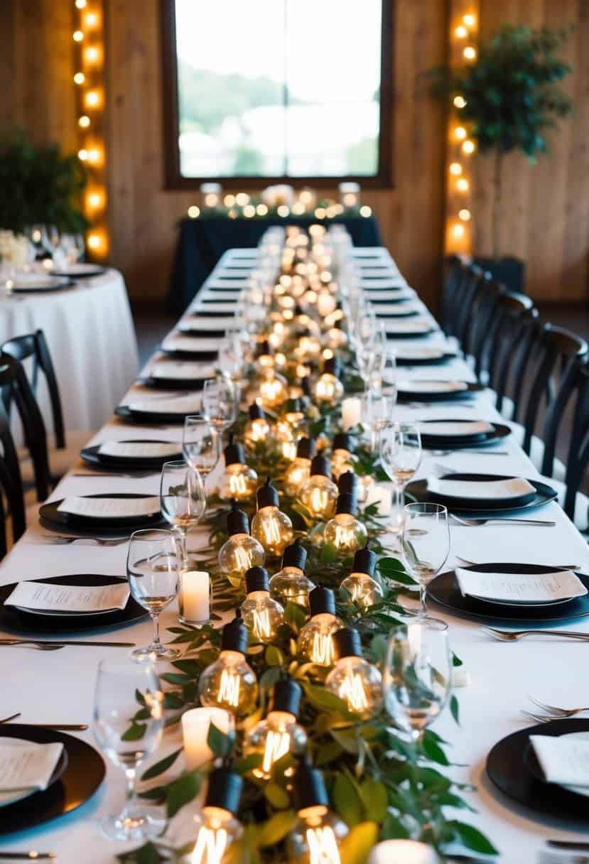 A long table adorned with statement wedding decor, featuring Edison bulb string lights cascading down the center