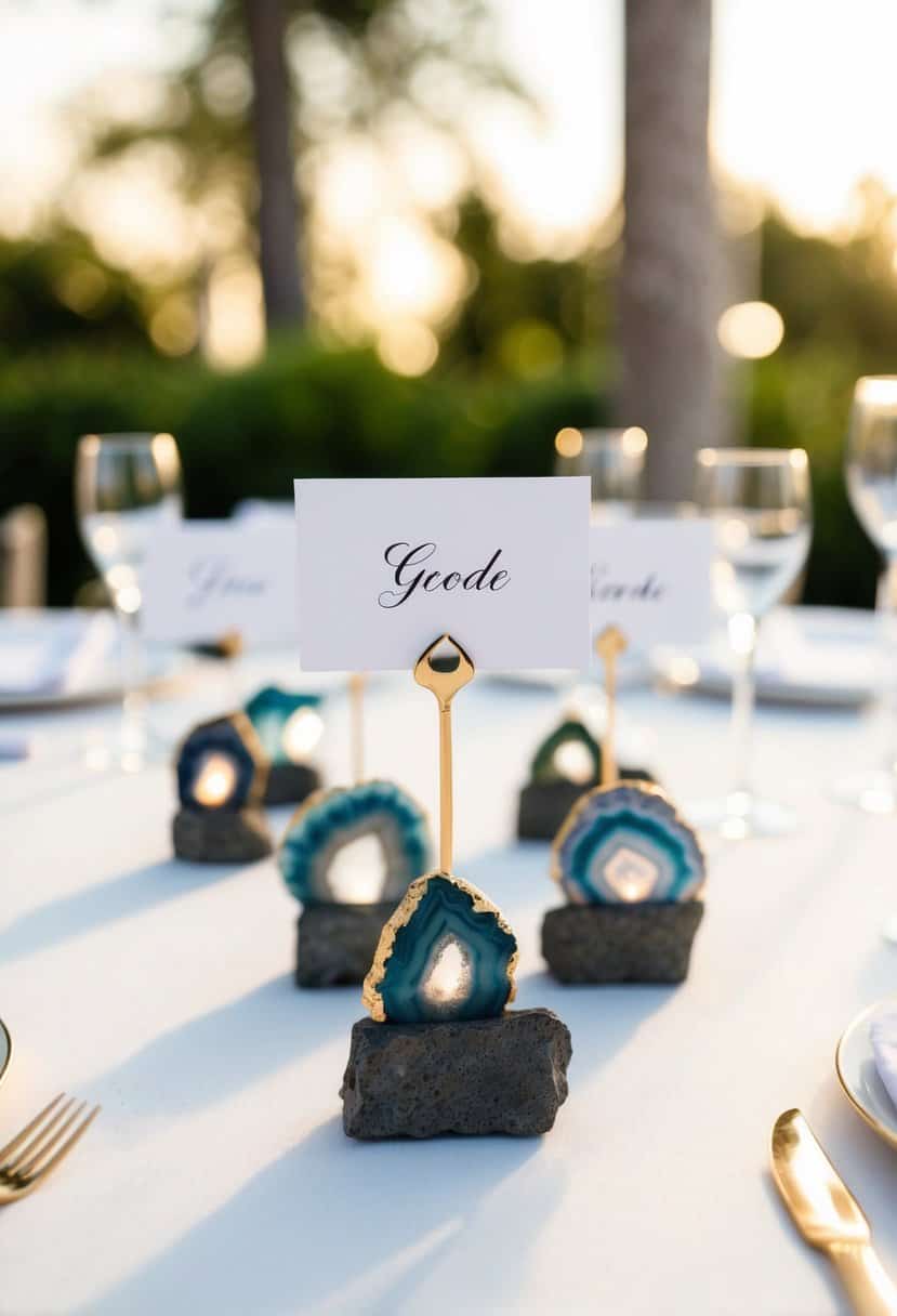 Geode place card holders arranged on elegant wedding table setting