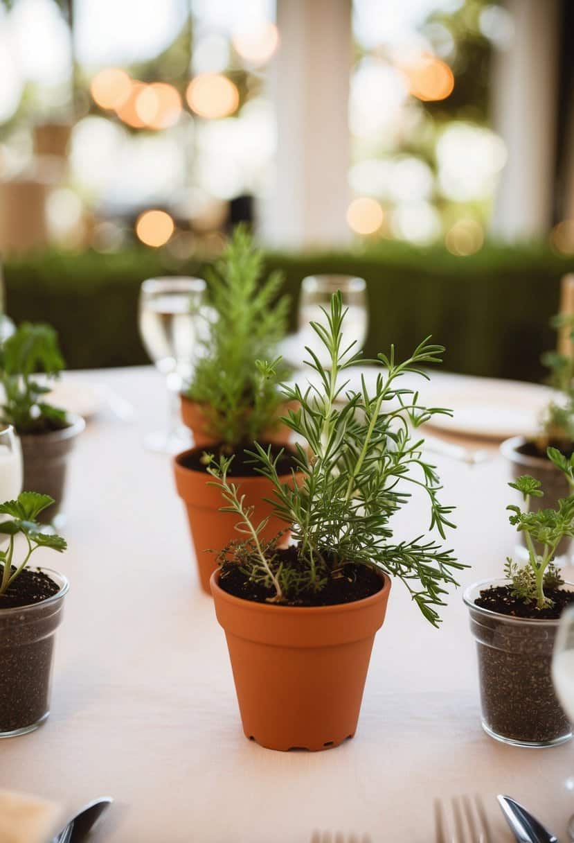 Miniature potted herbs arranged on a wedding table centerpiece