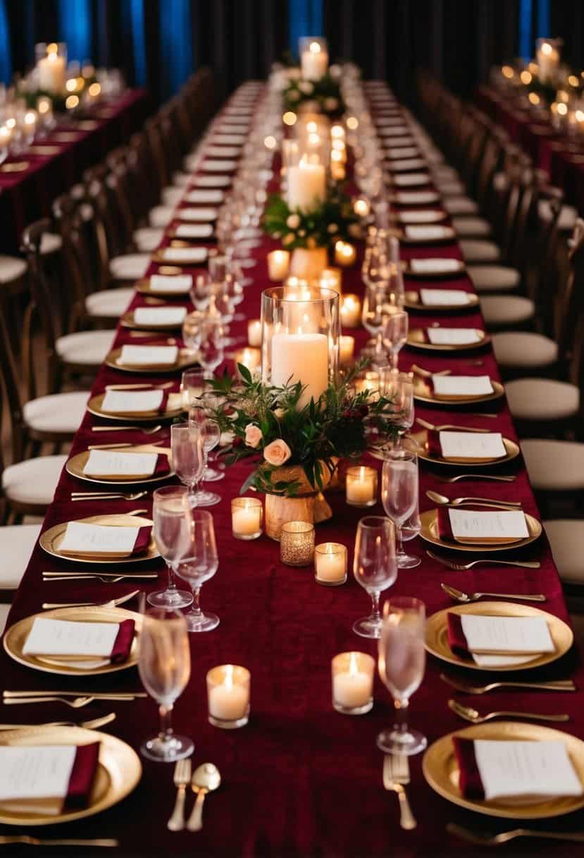 A long banquet table with rich velvet tablecloths and elegant place settings, adorned with statement centerpieces and sparkling candlelight