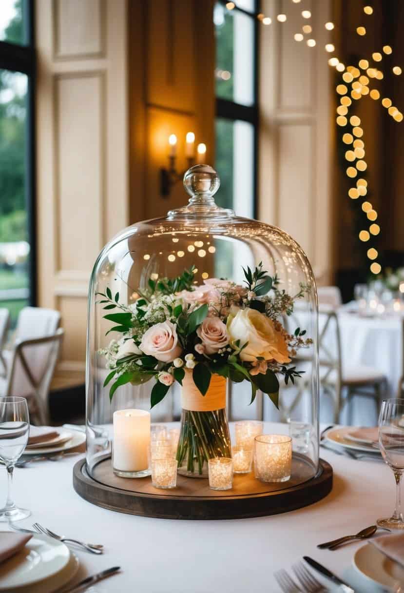 A glass cloche displays a statement wedding table decoration with elegant floral arrangements and twinkling fairy lights