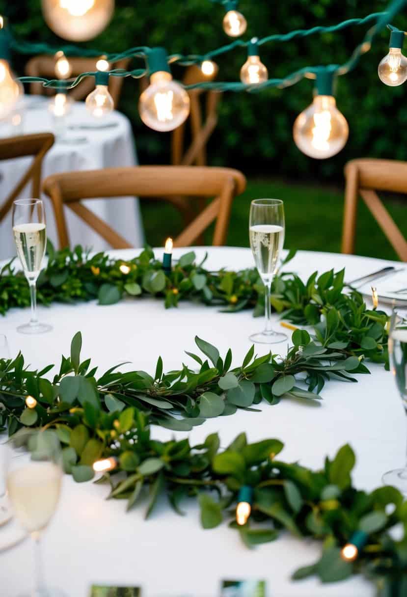 String lights intertwined with lush greenery, adorning a circular wedding table