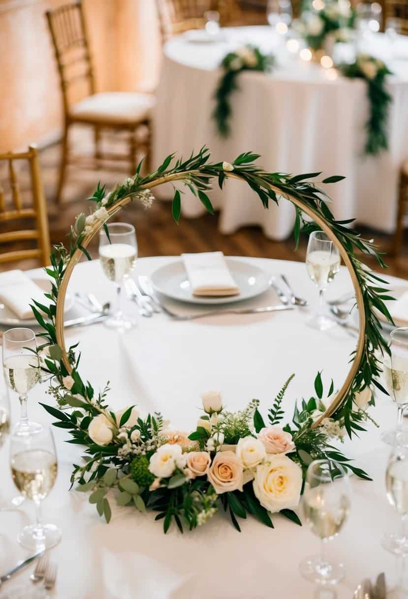 A circular table adorned with floral hoop centerpieces, showcasing elegant wedding decor