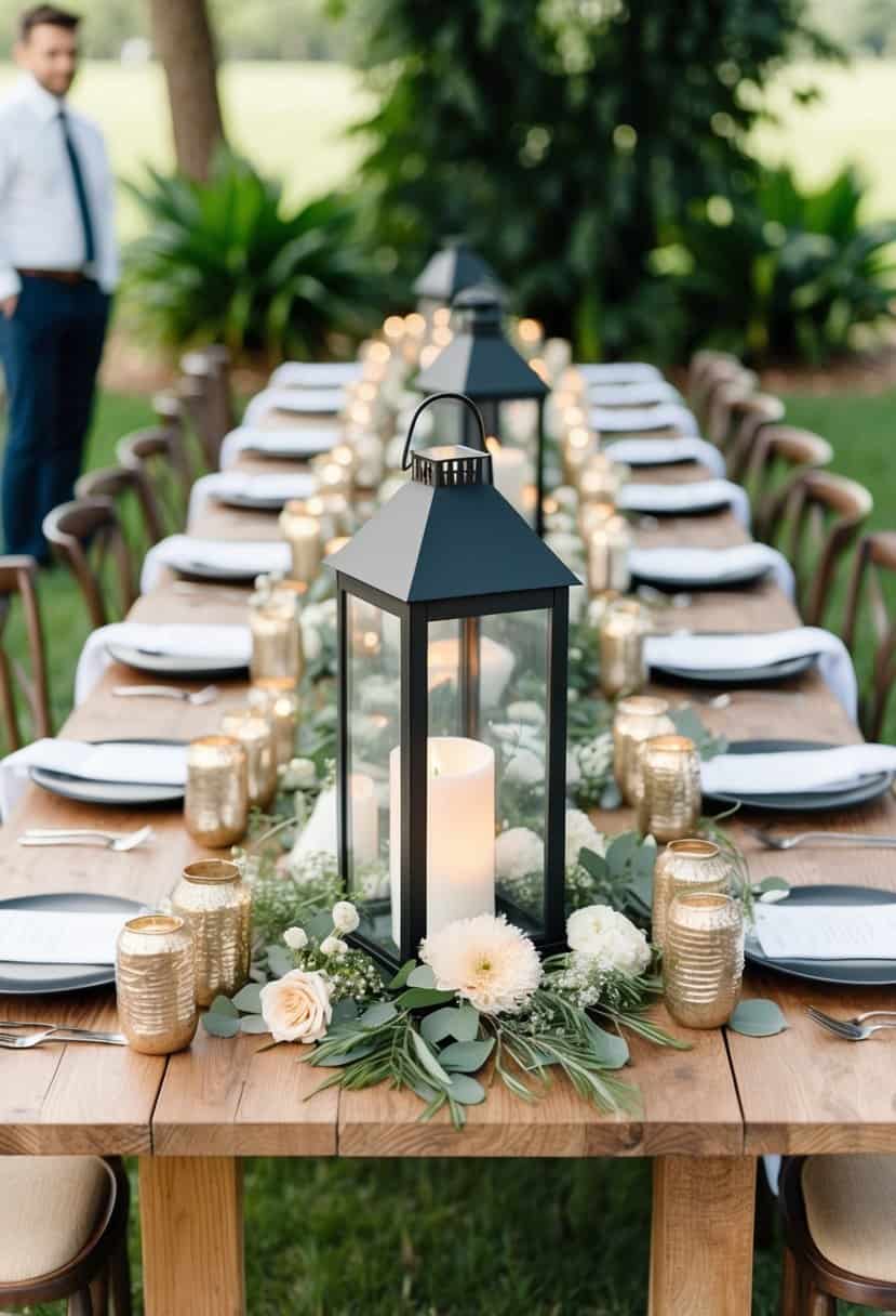 A wooden table adorned with rustic lanterns, greenery, and delicate flowers for a statement wedding centerpiece