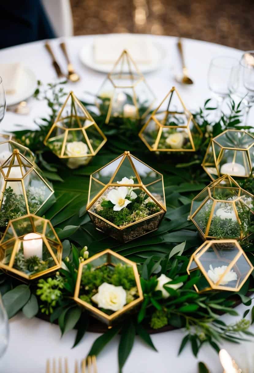 Gold geometric terrariums arranged in a circular formation on a wedding table, filled with lush greenery and delicate flowers