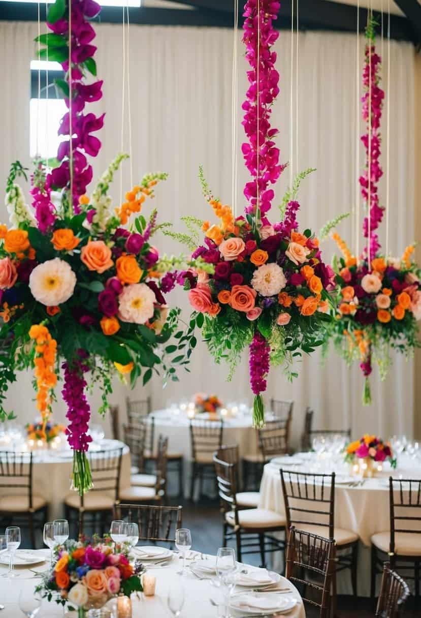 Vibrant floral arrangements suspended above elegant wedding tables