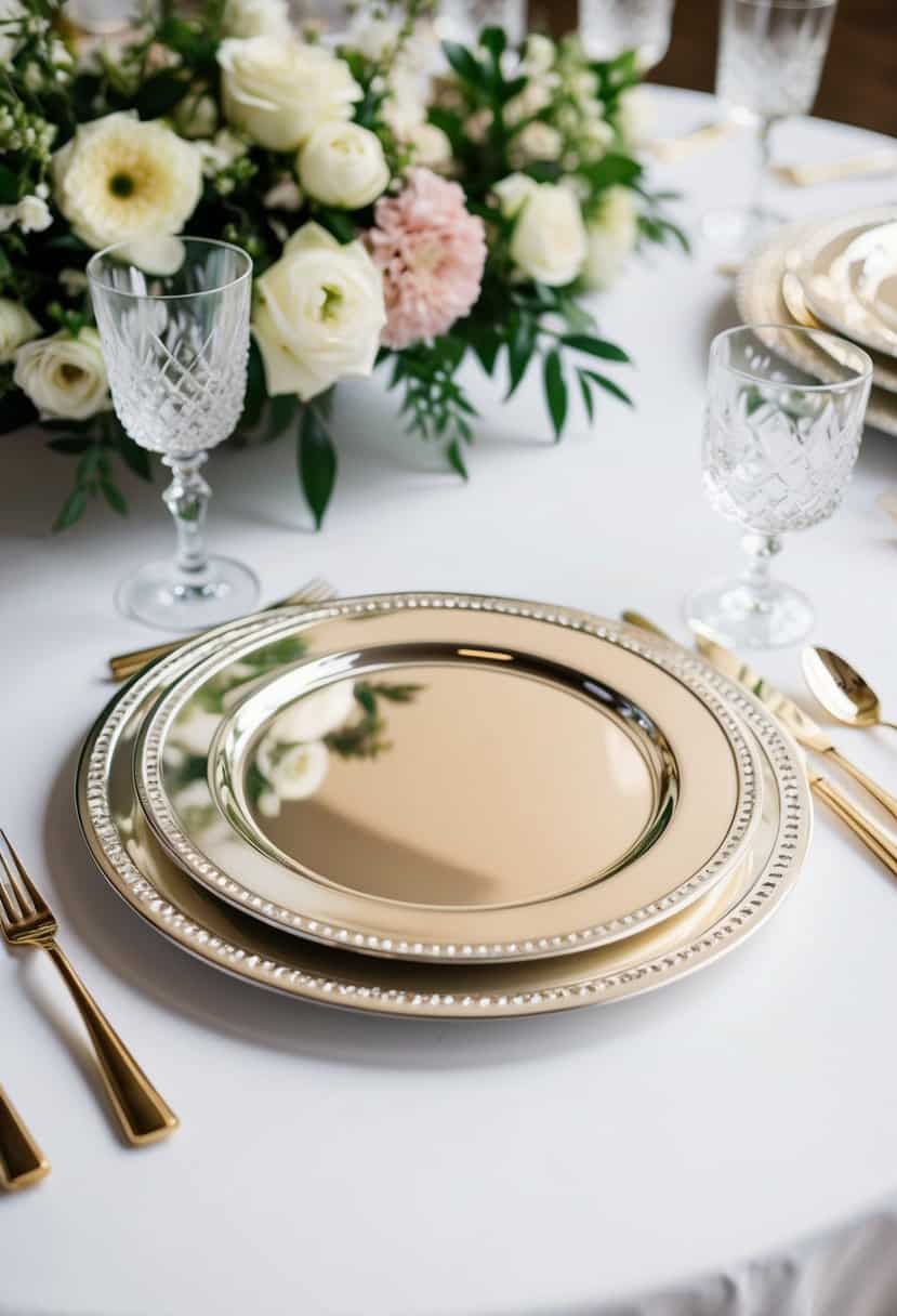 Shiny metallic charger plates arranged on a white table with elegant floral centerpieces and crystal glassware