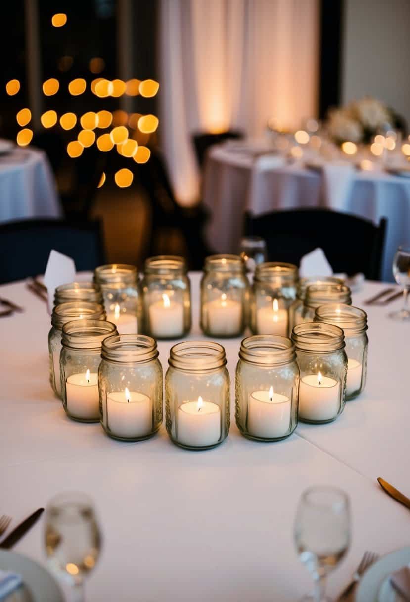 A cluster of mason jar candle holders arranged in a circular pattern on a wedding reception table