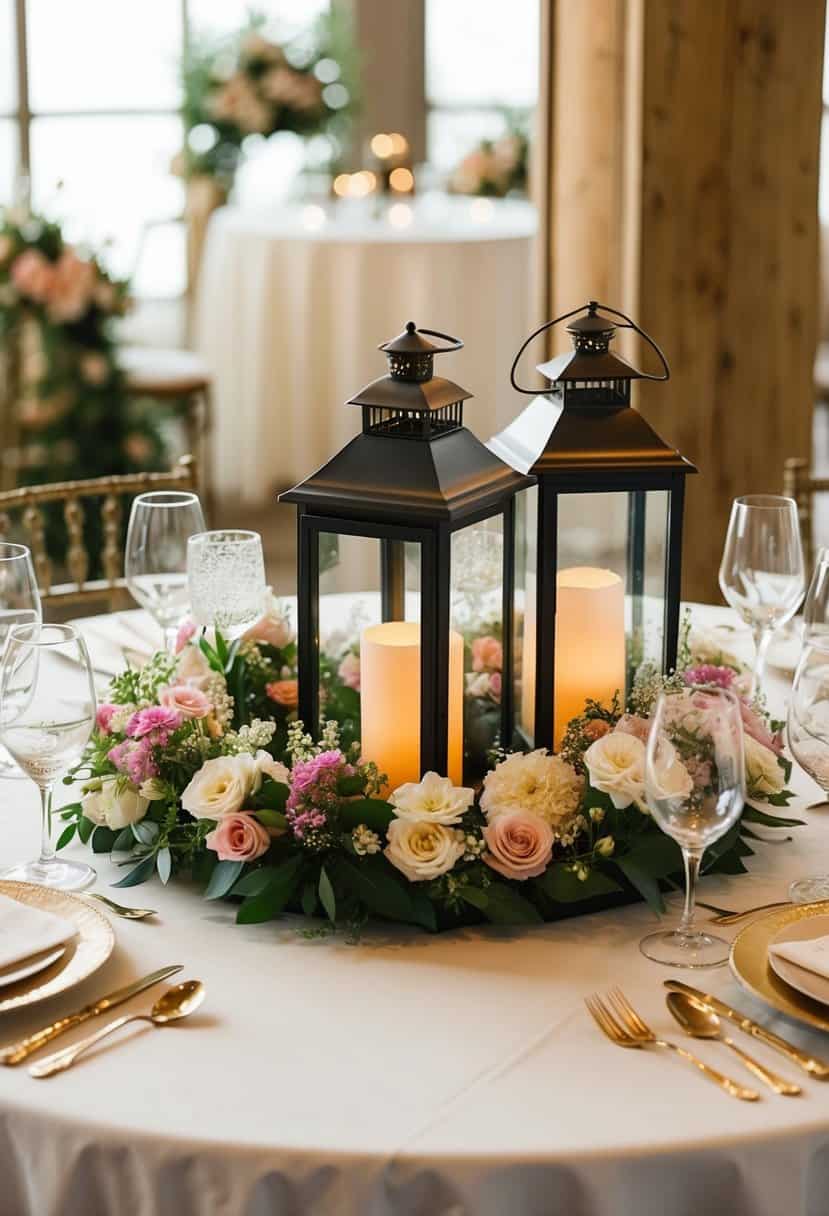 Vintage lanterns surrounded by blooming flowers create a charming circular wedding table centerpiece