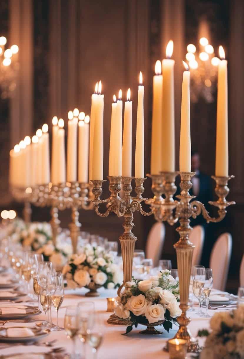 A grand wedding table adorned with tall, elegant taper candles in ornate holders, casting a warm glow over the opulent setting