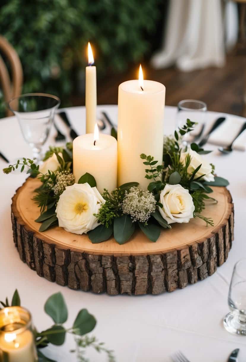 A rustic wood slice base supports a circular wedding table centerpiece adorned with flowers, candles, and greenery