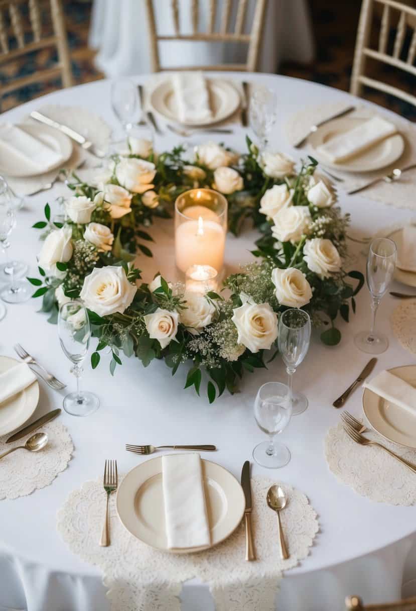 A circular wedding table adorned with lace table runners, delicate and elegant, creating a romantic and timeless atmosphere