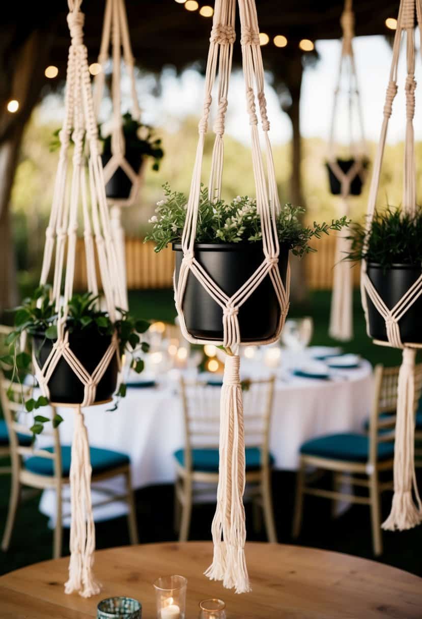 Several macrame hanging planters adorn a circular wedding table, adding a bohemian touch to the decoration