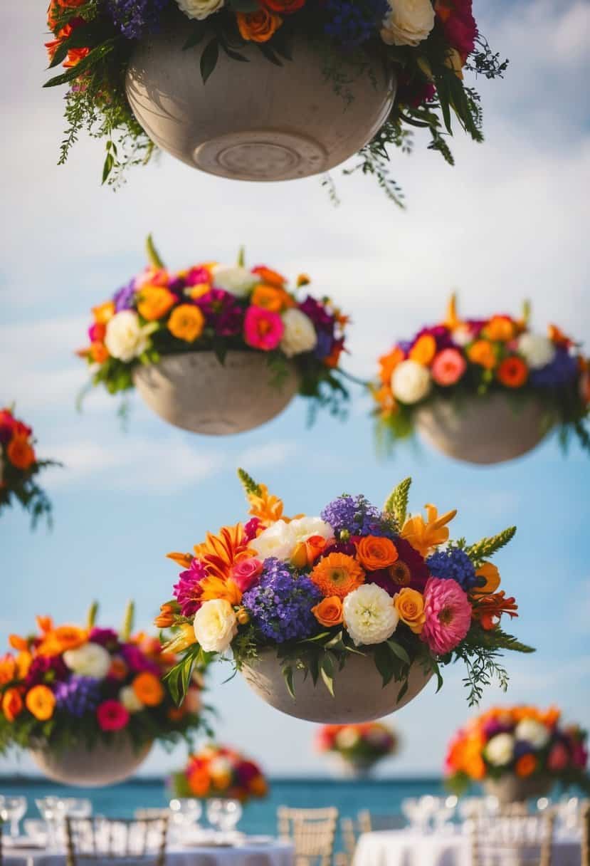 Vibrant flower-filled bowls float above circular wedding tables