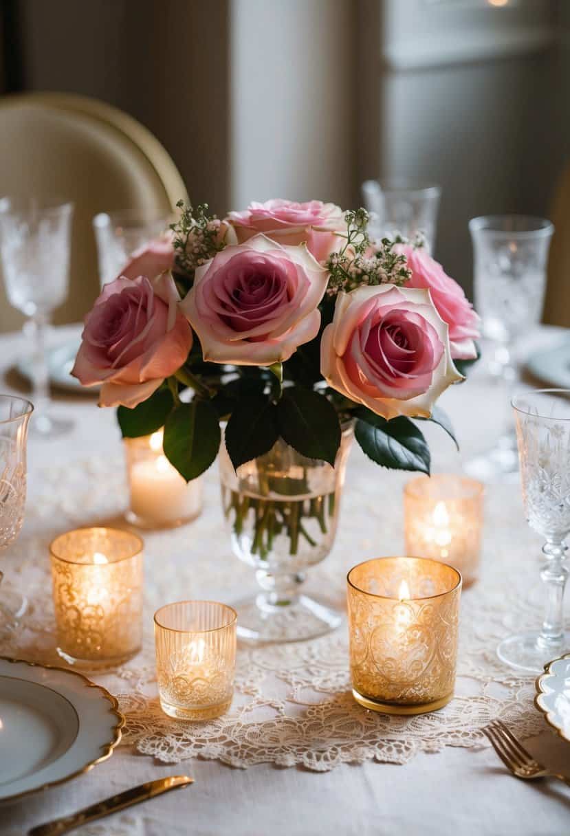 A vintage rose centerpiece sits on a lace tablecloth, surrounded by flickering candles and delicate crystal glassware