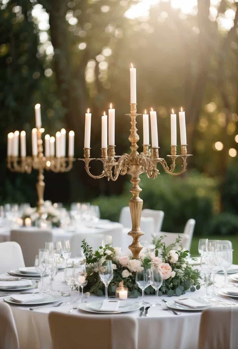 A circular wedding table adorned with antique candelabras