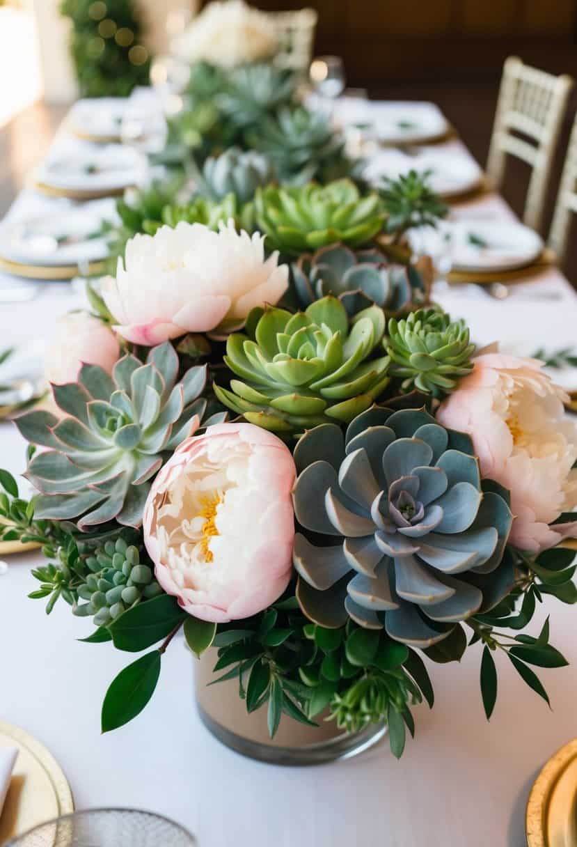 A lush mix of succulents and peonies arranged in a centerpiece on a wedding table