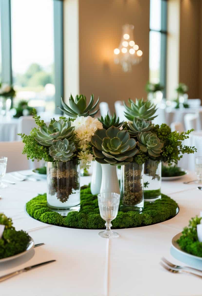 Circular wedding table adorned with succulent-filled vases, creating a lush and elegant centerpiece