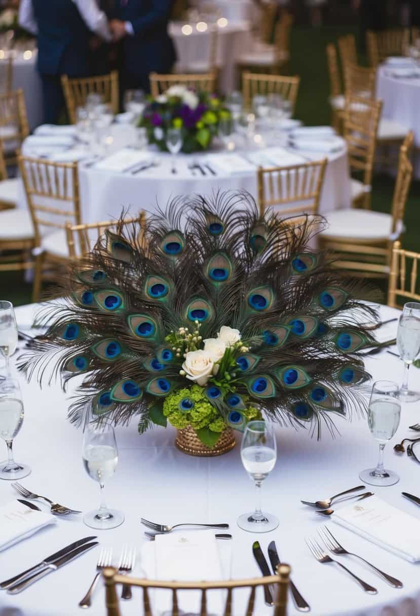 A circular wedding table adorned with a lush arrangement of vibrant peacock feathers, creating a striking and elegant centerpiece