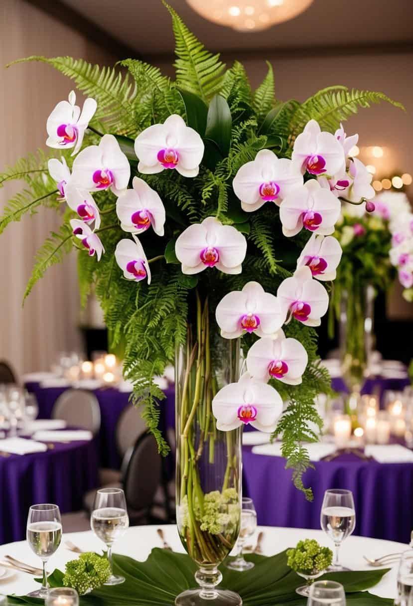 A lush display of orchids and ferns cascading from a glass vase on a wedding reception table