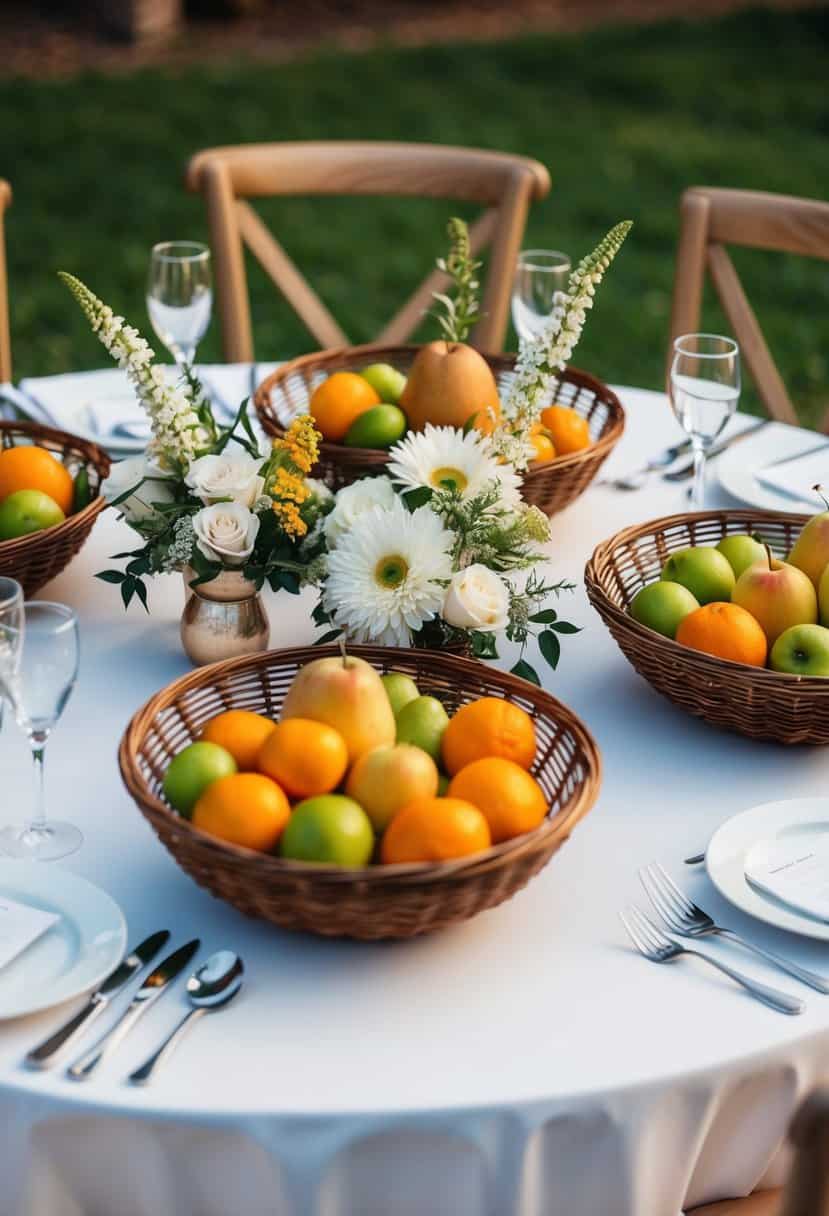 A circular wedding table adorned with fruit and flower baskets