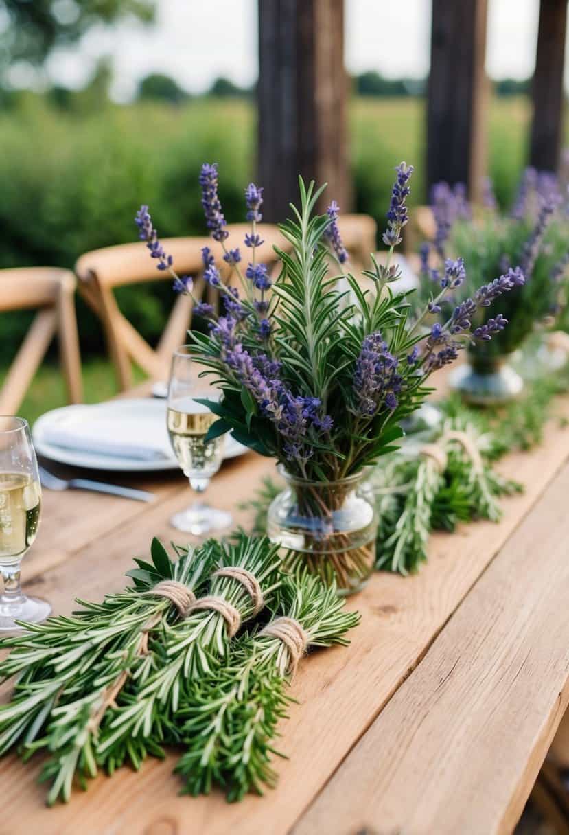 A rustic wooden table adorned with lavender and rosemary bundles, creating a fragrant and elegant wedding centerpiece