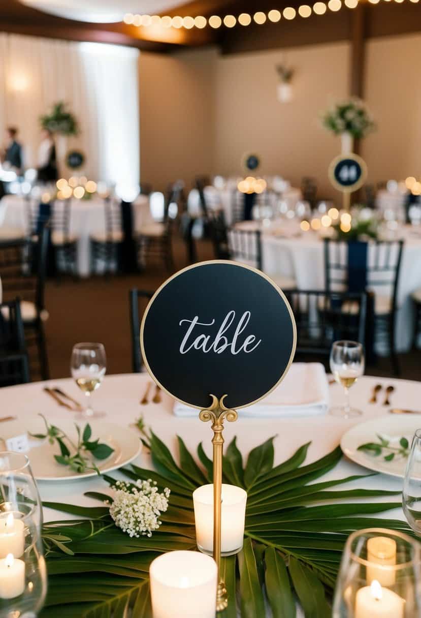 Circular chalkboard table numbers arranged on wedding reception tables