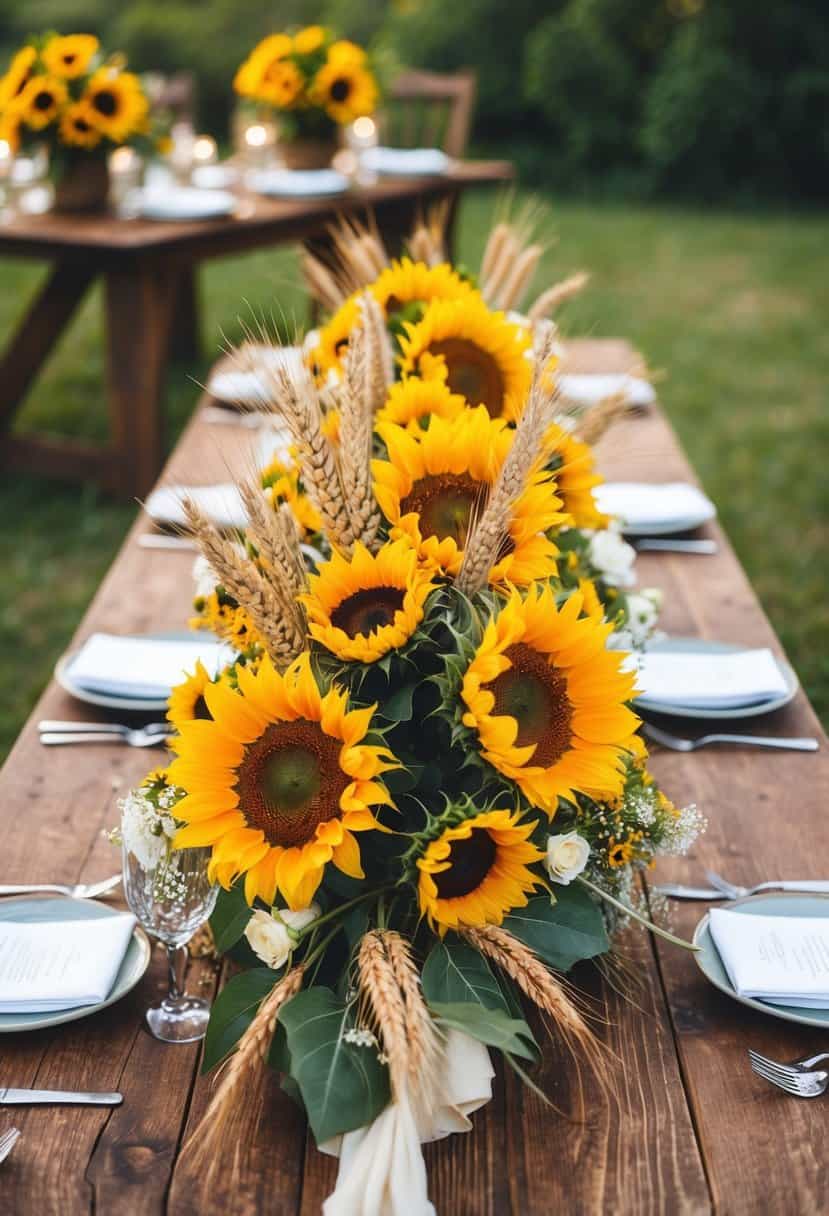 A rustic wooden table adorned with a vibrant floral arrangement of sunflowers and wheat, creating a warm and inviting atmosphere for a wedding celebration