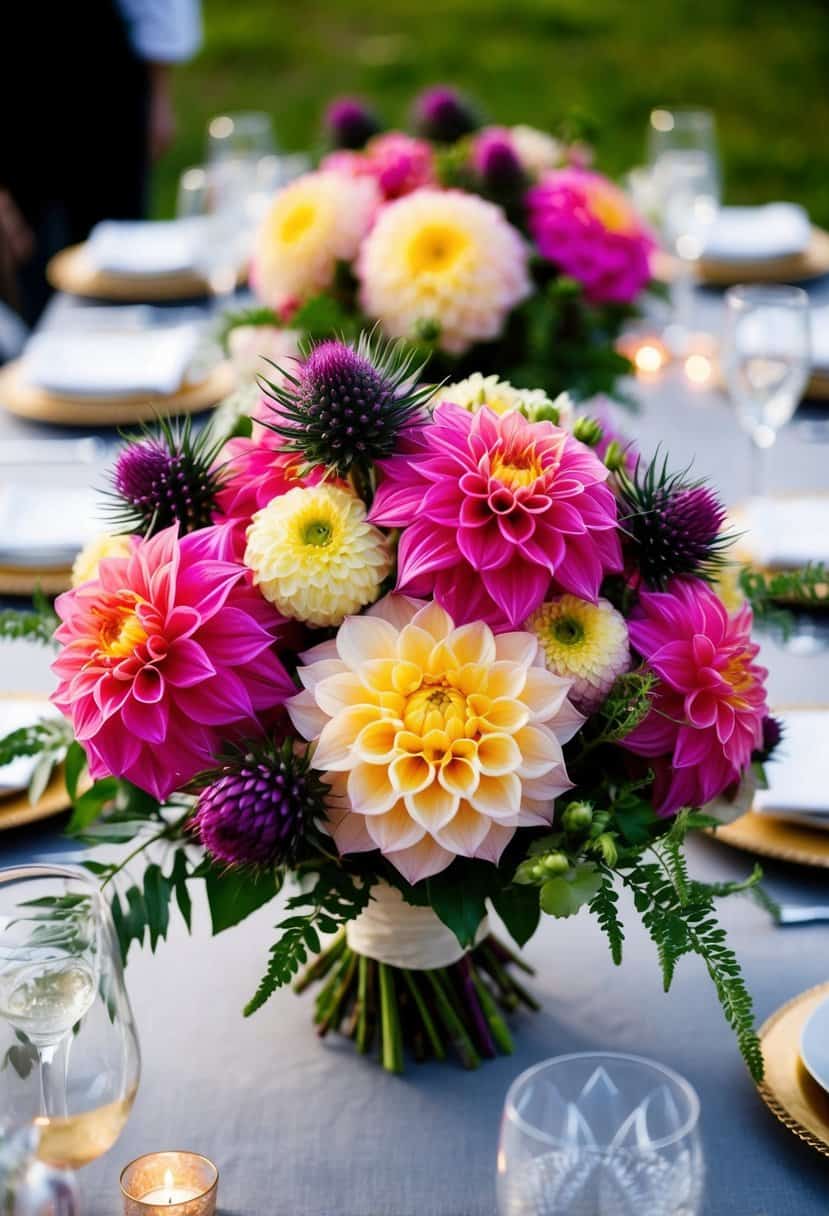 A vibrant bouquet of dahlia and thistle adorns a wedding table, bringing a rustic and elegant touch to the celebration