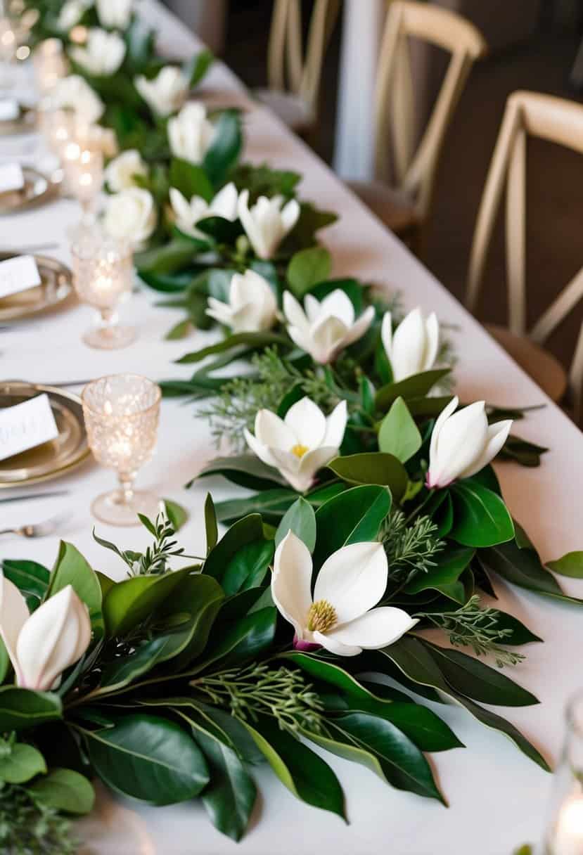 A lush garland of magnolia leaves and greenery adorns a wedding table, accented with delicate floral arrangements