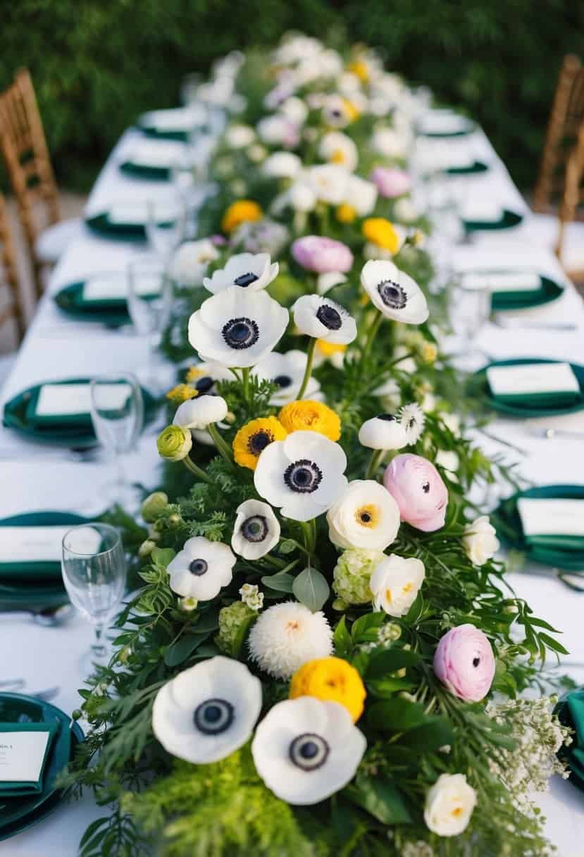A vibrant mix of anemones and ranunculus arranged in a cascading centerpiece for a wedding table, with lush greenery and delicate blooms