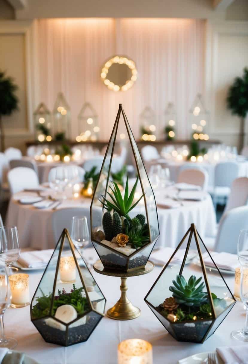 A collection of geometric terrarium centerpieces arranged on elegant wedding tables, adding a modern and sophisticated touch to the decor