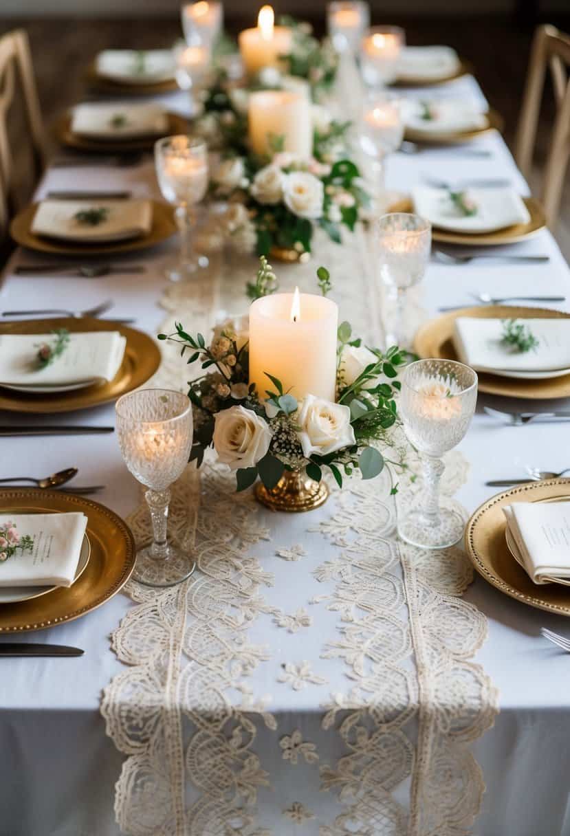 A table set with vintage lace runners, adorned with delicate floral centerpieces and candlelight