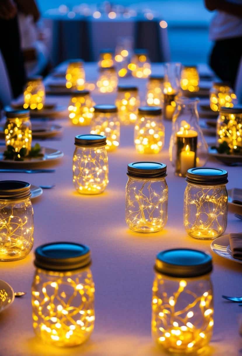 A table adorned with glowing LED fairy light jars, creating a magical ambiance for a modern wedding celebration
