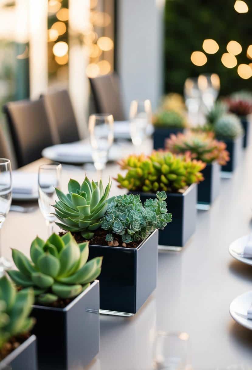 A variety of mini succulent arrangements displayed on modern, sleek wedding tables