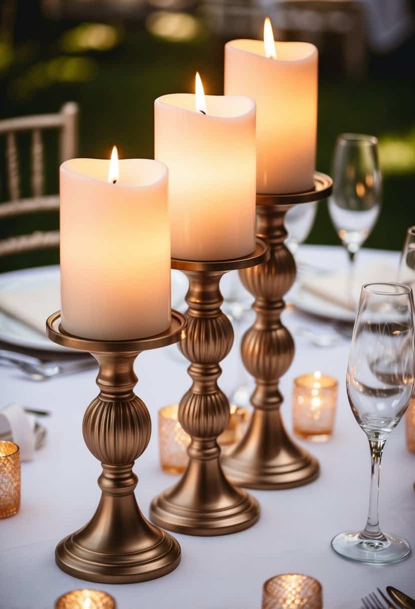 A table set with elegant, layered candle holders for a wedding decoration