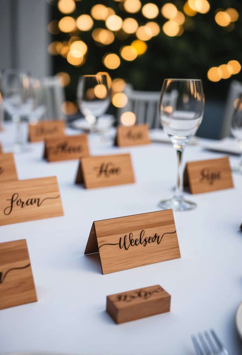 Wooden place cards arranged on a modern wedding table with sleek, personalized designs and elegant calligraphy