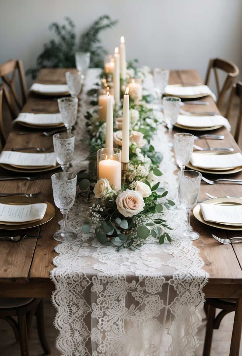 A rustic wooden table adorned with layered vintage lace runners, adorned with delicate florals and candles for a romantic wedding setting
